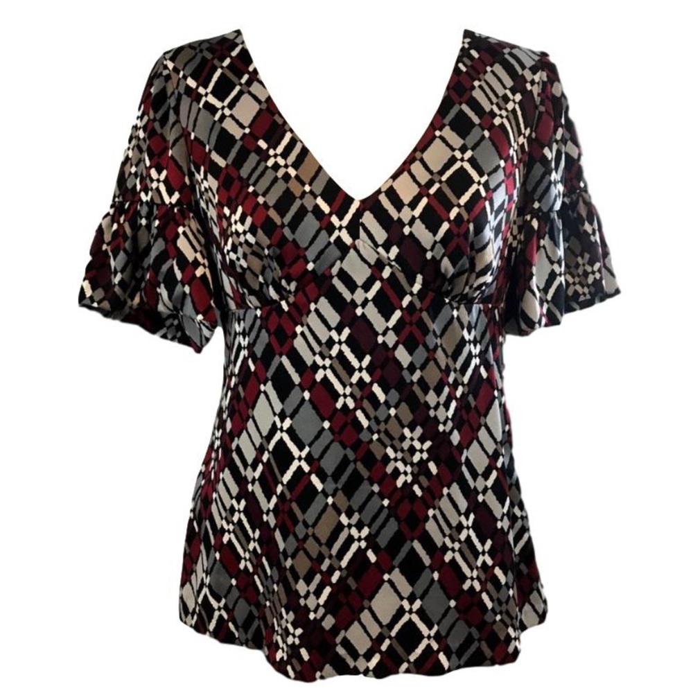 Trina Turk Argyle Print Red Gray Silver Silk Top